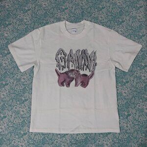 Ganni White Cat Print Short-Sleeve T-Shirt